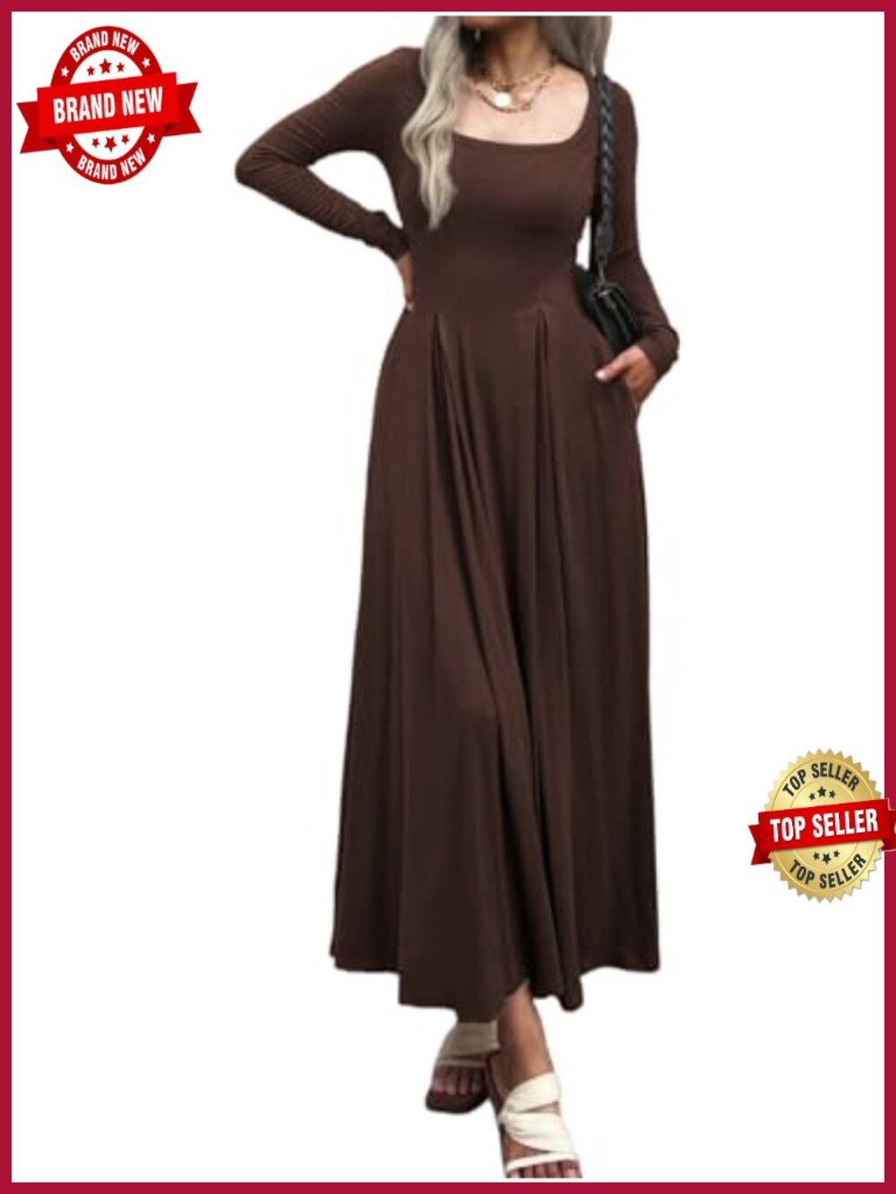 Long Sleeve Square Neck Maxi Dress Pleated Waist with Pockets